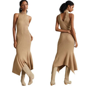 NWT Anthropologie Mock Neck Midi Dress Women's Small Cedar Tan Sleeveless Knit